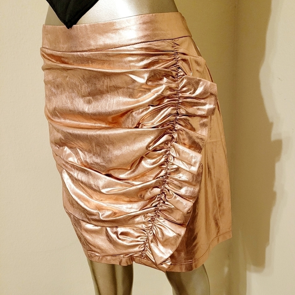 NWT ROSE GOLD METALLIC SIDE RUFFLE RUCHED MINI SKIRT - Picture 8 of 13